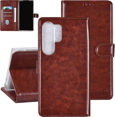 Multimedia & Accessoires PU Lederen Book Case Hoesje geschikt voor Samsung Galaxy S23 Ultra – Bruin - Portemonnee – Met Stand – Kaarthouder – Pasjes Houder – 3 Pasjes - Magneet Sluiting – Bookcase