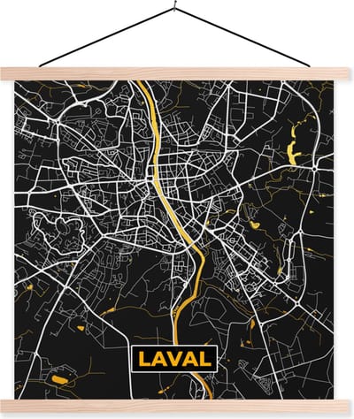 Posterhanger incl. Poster 40x40 cm - Schoolplaat - Frankrijk - Stadskaart - Laval - Plattegrond - Kaart - Textielposter - Blanke latten - Stadskaart