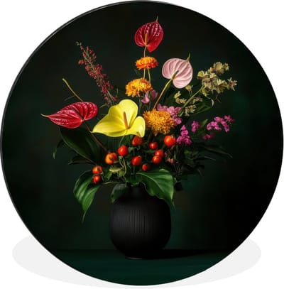 WallCircle - Wandcirkel - Muurcirkel - Bloemen - Vaas - Zwart - Aluminium - Dibond - 30x30 cm - Binnen en Buiten