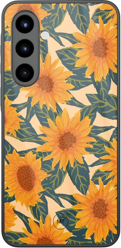 Hoesje geschikt voor Samsung Galaxy A56 - Zonnebloemen - Hard Case Zwart Back Cover - Natuur - Oranje - Mooie Telefoonhoesjes