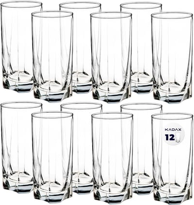 KADAX Drinkglazen van hoogwaardig glas, set van 12, waterglazen, dikwandige sapglazen, geribbelde glazen voor water, drankjes, sap, party, cocktailglazen, drankglazen (set van 12, 380 ml hoog)