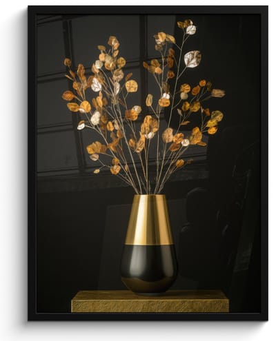 Poster in lijst - Fotolijst 50x70 cm - Posters - Goudbruine - Bladeren - Vaas - Herfstachtig - Posterlijst zwart - Decoratie - Wanddecoratie woonkamer - Muurdecoratie slaapkamer