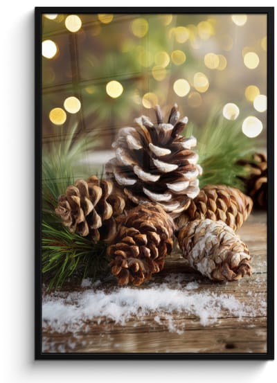 Poster in lijst - Fotolijst 80x120 cm - Posters - Dennenappels - Kerstsfeer - Bruin - Groen - Posterlijst zwart - Decoratie - Wanddecoratie woonkamer - Muurdecoratie slaapkamer - Kerstversiering - Kerstdecoratie voor binnen - Kerstmis