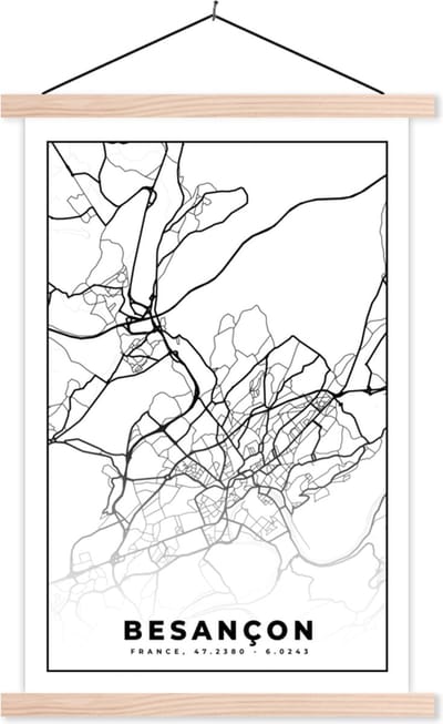 Posterhanger incl. Poster 40x60 cm - Schoolplaat - Stadskaart - Frankrijk - Kaart - Besançon - Plattegrond - Zwart wit - Textielposter - Blanke latten - Stadskaart