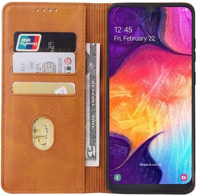 Smartphonica Samsung Galaxy A50 leren hoesje met magnetische sluiting en pashouders – Bruin geschikt voor Samsung Galaxy A50