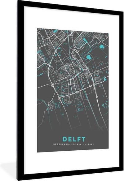 Fotolijst incl. Poster - Plattegrond - Delft - Grijs - Blauw - 60x90 cm - Posterlijst - Stadskaart
