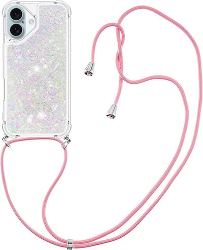 Coverup Hoesje - Geschikt voor iPhone 16 Plus Hoesje - Coverup Liquid Glitter Back Cover met Koord - Wit