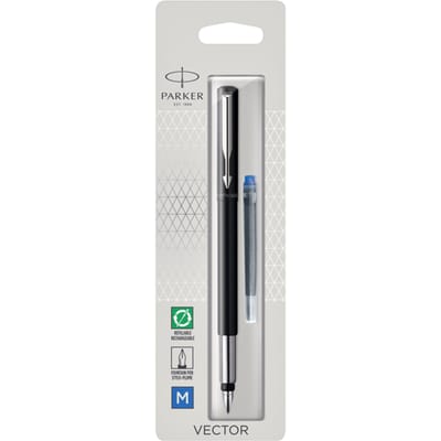 Parker Vector-vulpen | zwart met chrome afwerking | mediumpunt | blauwe inkt | hangtab