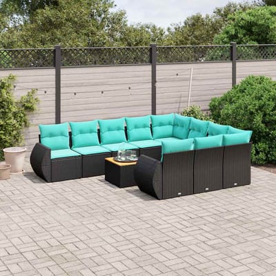 vidaXL - 11-delige - tuinbankset - met - kussens, - zwart - polyrotan