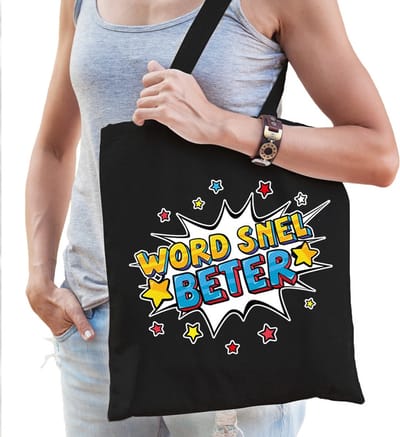 Word snel beter katoenen beterschap cadeau tas zwart voor dames - kado / tasje / shopper