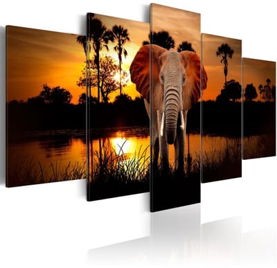 Schilderij - Olifant bij een meer met ondergaande zon , 5 luik