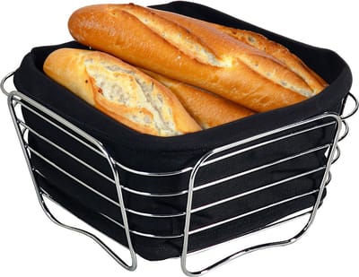 Kesper Broodmandje met stof - metaal/peva - zwart - vierkant - D21 x H11 cm - tafel serveermandje
