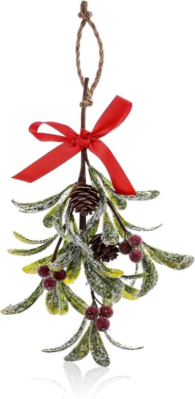 Kerst Mistletoe Tak Versiering van 26 cm, Kunstmatige Mistletoe voor Ophangen, Decoratie met Rode Strik voor Deur en Boom, Feestelijke Kerstdecoratie
