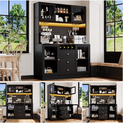 Keukenkast - Smart LED + Wijnrek + Anti-Kantel + Verstelbare Planken - Multifunctioneel - MDF - Zwart