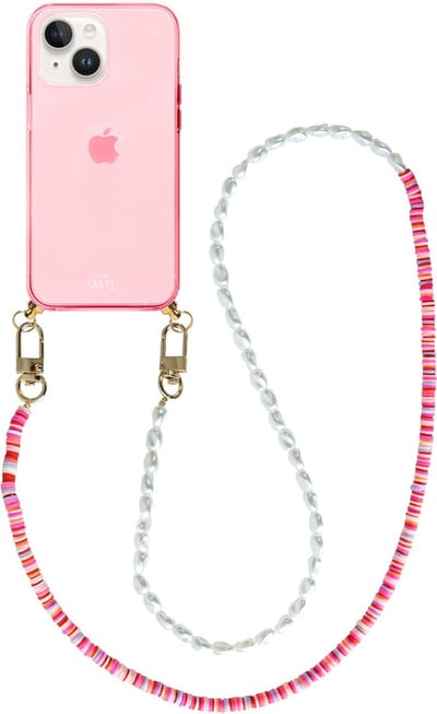 xoxo Wildhearts silicone case met koord - Roze telefoonhoesje met koord - telefoonketting - Island Girl - long - Cord Case - geschikt voor Apple iPhone 13 - Lange parelketting / kralenketting - Parels - Wit / Roze