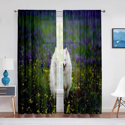 Samoyed Hond Winterbos Achtergrond Doorzichtig Voile Gordijn voor Woonkamer Slaapkamer Gordijn Keukenraam Tule Gordijnen Home Decor 1 PCS W100XH250cm&Grommet Top