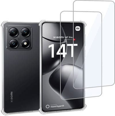 Geschikt voor Xiaomi 14T - Hoesje + 2x Screenprotector – Gehard Glas Cover + Shock Proof Case – Transparant