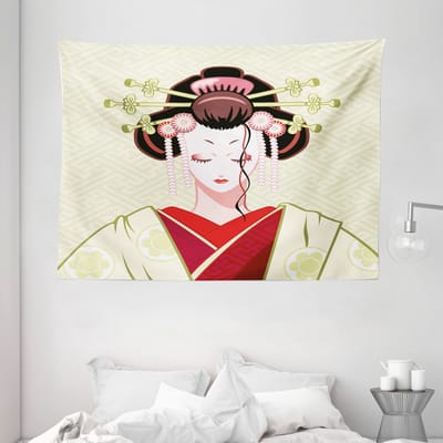 ABAKUHAUS Japanse wandtapijt, portret van een geisha-vrouw gemaakt van zachte microvezelstof, wasbaar zonder vervagend digitaal print, 150 x 110 cm, lichtgeel groen rood