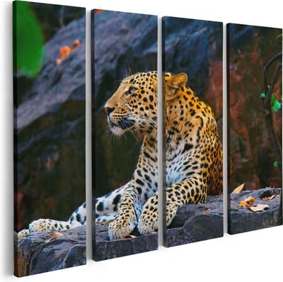 Artaza Canvas Schilderij Vierluik Luipaard Op De Rotsen - 80x60 - Foto Op Canvas - Canvas Print