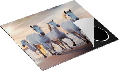 Chefcare Inductie Beschermer Witte Paarden op het Strand bij Water - 60x50 cm - Afdekplaat Inductie - Kookplaat Beschermer - Inductie Mat