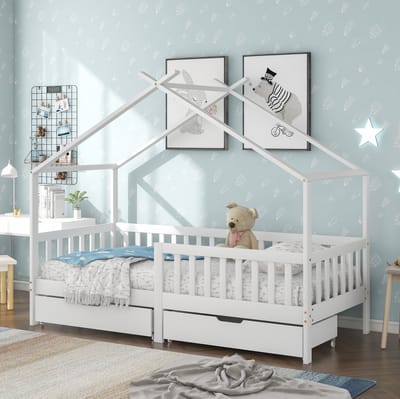 MEUNIQ huisbed voor kinderen 205 x 98 x 165 cm met veiligheidshek, 2 lades en lattenbodem, geschikt voor matras 200 x 90 cm, kinderkamer, wit