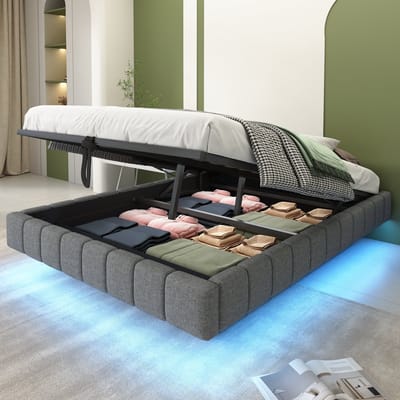 STILVORA Gestoffeerd bed 140x200 cm – Tweepersoonsbed met zwevend design & LED – Hydraulische opbergruimte – Linnen stof – Grijs – Zonder matras