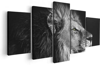 Artaza Canvas Schilderij Vijfluik Leeuw - Leeuwenkop - Zwart Wit - 100x50 cm - Wanddecoratie Woonkamer - Schilderijen - Muurdecoratie