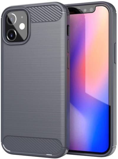 Cadorabo Hoesje geschikt voor Apple iPhone 12 MINI in BRUSHED GRIJS - Beschermhoes van flexibel TPU siliconen in roestvrij staal-carbonvezel look Case Cover