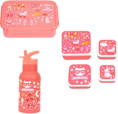 Bundel A Little Lovely Company Back to school set - Drinkfles RVS/4 Snackdozen/Bentobox - Fun