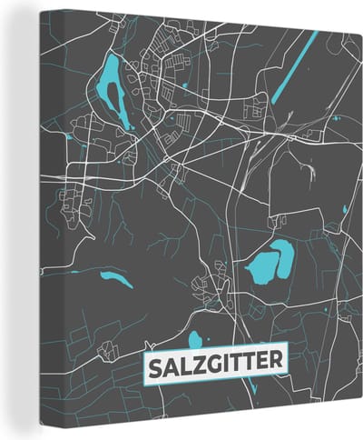 Canvas Schilderij Kaart – Plattegrond – Stadskaart – Salzgitter – Duitsland – Blauw - 20x20 cm - Wanddecoratie