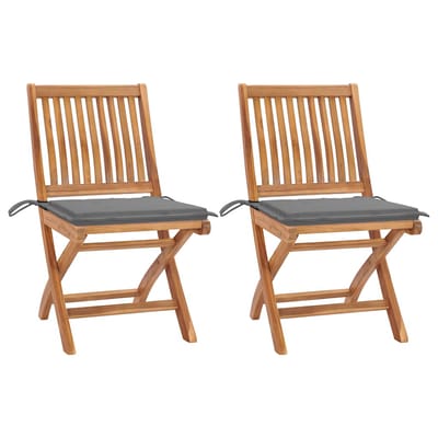vidaXL - Inklapbare - stoelen - 2 - st - met - grijze - kussens - massief - teakhout