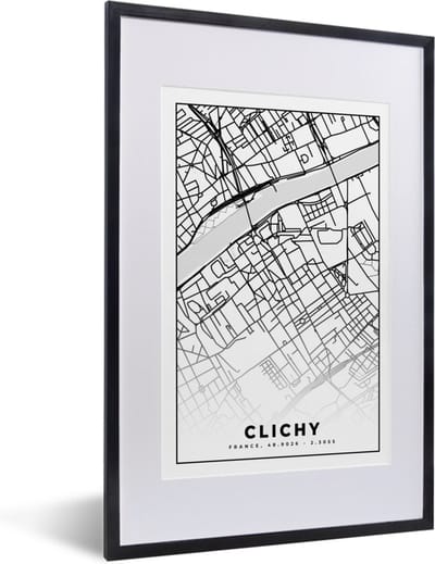 Fotolijst incl. Poster Zwart Wit- Kaart - Stadskaart - Clichy - Frankrijk - Plattegrond - Zwart wit - 40x60 cm - Posterlijst