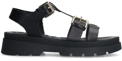 Sacha - Dames - Zwarte leren plateau sandalen met goudkleurige buckles - Maat 40