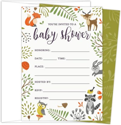 Uitnodigingen Babyshower Bosdieren Thema - 25 Blanco Kaarten met Enveloppen - Uniseks Ontwerp
