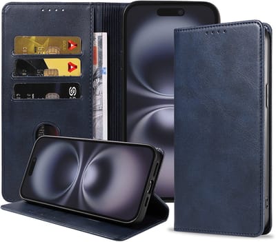 Smartphonica Telefoonhoesje Geschikt voor iPhone 16 Kunstleer met Magnetische sluiting en Pasjeshouder Bookcase met Klepje - Blauw geschikt voor iPhone 16