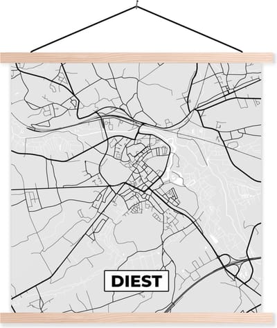 Posterhanger incl. Poster 40x40 cm - Schoolplaat - België – Diest – Stadskaart – Kaart – Zwart Wit – Plattegrond - Textielposter - Blanke latten - Stadskaart