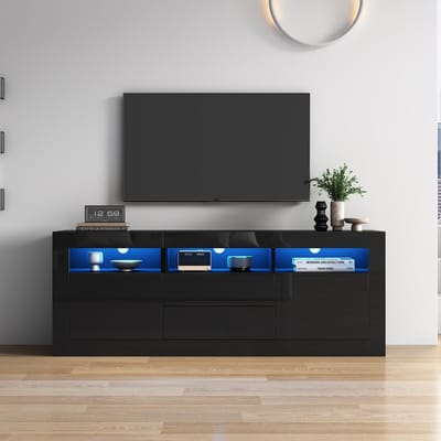 Sweiko Hoogglans TV kast, 160x35x60cm, met LED Verlichting, 3 Open Compartimenten, 2 deuren, 2 lades, intelligente toepassingscontrole, geschikt voor 70 inch TV's,Zwart