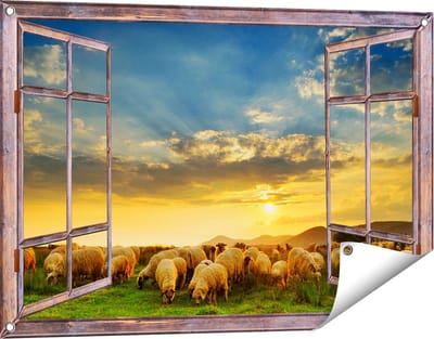 Gards Tuinposter Doorkijk Kudde Schapen op het Gras bij Zonsondergang - 90x60 cm - Tuindoek - Tuindecoratie - Wanddecoratie buiten - Tuinschilderij