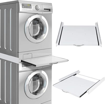 Verbindingsframe Wasmachine - Tussenbouwset Droger - Stapelen Apparaten - Uittrekbare Plank - 60 x 54 cm - Wit