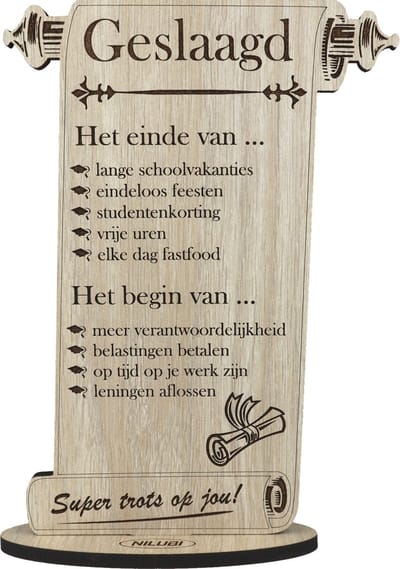 Geslaagd - houten wenskaart - kaart van hout - gefeliciteerd met je diploma - 17.5 x 25 cm