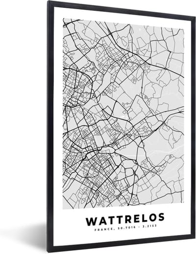 Fotolijst incl. Poster - Wattrelos - Plattegrond - Frankrijk - Kaart - Stadskaart - 40x60 cm - Posterlijst