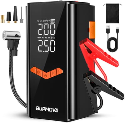 Bupmova Jumpstarter 12V 4500A – Accu Booster met Compressor 10 BAR – Startbooster voor Auto, Motor & Camper – Powerbank 21800 mAh – LED SOS Noodverlichting