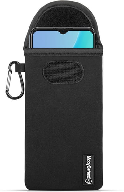 MobyDefend Hoesje - Geschikt voor Oppo A57 / A57s / A77 - Neopreen Pouch Met Karabijnhaak - Insteek - Riemlus - Zwart