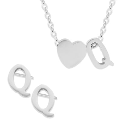 Initiaal Ketting & Oorbellen set met Letter Q ZIlverkleurig - Stainless Steel - Met letter & Hartje! - 2x Sieraden Cadeau - Pax Amare
