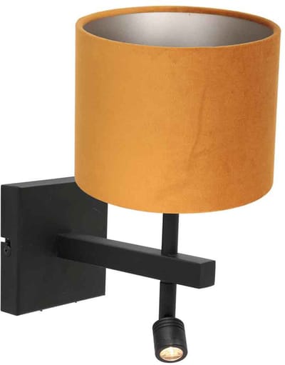 Zwarte wandlamp Stang 8207ZW - Modern met leeslamp, metaal en goud velours kap, E27 fitting, ideaal voor binnengebruik, merk Steinhauer