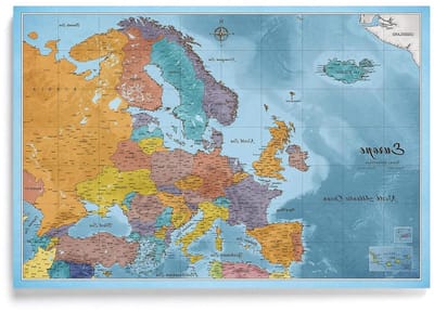Canvas Kaart Europa - Prikbord Kaart - Wanddecoratie - Kurk Prikbaar - 70x50 cm - Meerkleurig
