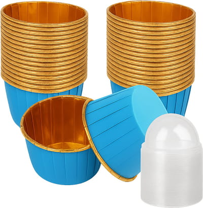 Papieren Muffin Bakjes - 50 stuks - Blauw-goud design - Met transparante deksels - (breedte) 50mm x 40mm (hoogte)