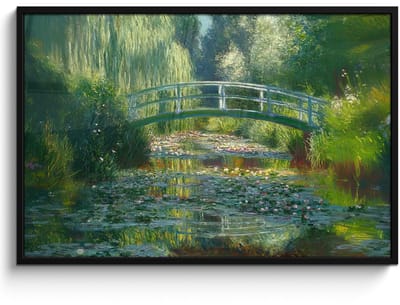 Poster in lijst - Fotolijst 120x80 cm - Posters - Brug - Hout - Vijver - Waterlelies - Posterlijst zwart - Decoratie - Wanddecoratie woonkamer - Muurdecoratie slaapkamer