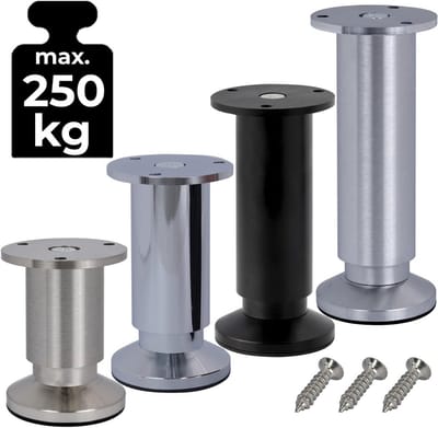 Set van 4 verstelbare meubelpoten 10 cm geborsteld aluminium Ø 38 mm - Geschikt voor kasten en banken, 250 kg belastbaar