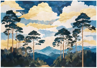 WALLARENA - Fotobehang - 150x105 cm - blauwe bomen landschap voor slaapkamer en woonkamer